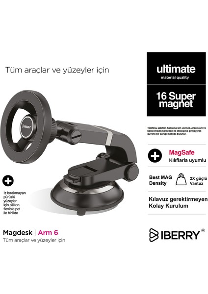 Maglock Arm 6 Vantuzlu Magsafe Araç Içi Telefon Tutucu