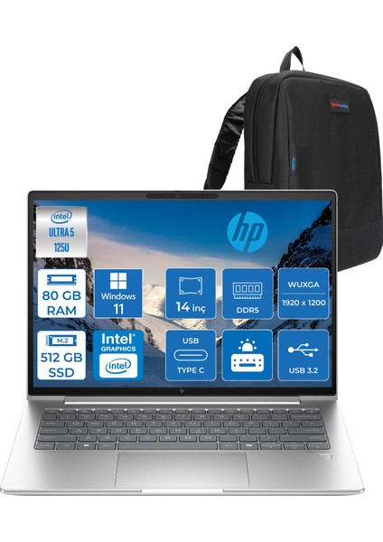 Elitebook 640 G11 Intel Core Ultra 5 125U Ddr5 80GB 512GB SSD Intel® Aı Boost 14" Wuxga IPS 400NITS Windows 11 Home Taşınabilir Bilgisayar B2PK3ESH25 + Zetta Çanta