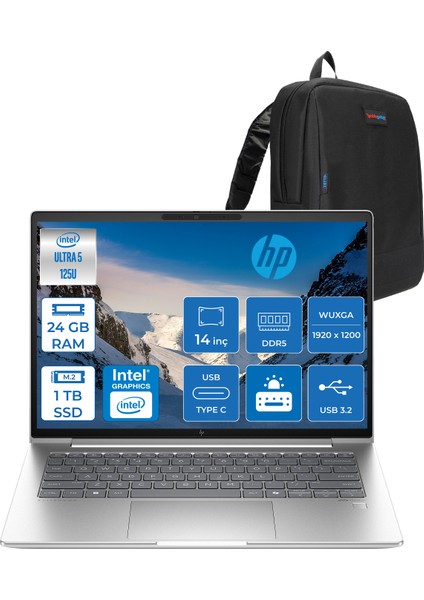 Elitebook 640 G11 Intel Core Ultra 5 125U Ddr5 24GB 1tb SSD Intel® Aı Boost 14" Wuxga IPS 400NITS Freedos Taşınabilir Bilgisayar B2PK3ESF06 + Zetta Çanta