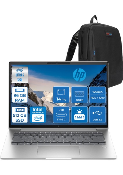 Elitebook 640 G11 Intel Core Ultra 5 125U Ddr5 96GB 512GB SSD Intel® Aı Boost 14" Wuxga IPS 400NITS Freedos Taşınabilir Bilgisayar B2PK3ESF29 + Zetta Çanta