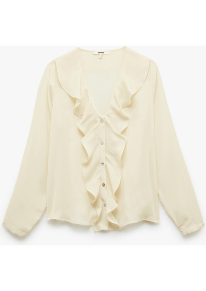 Krep Kumaş Uzun Kollu V Yaka Volümlü Fırfırlı Gömlek