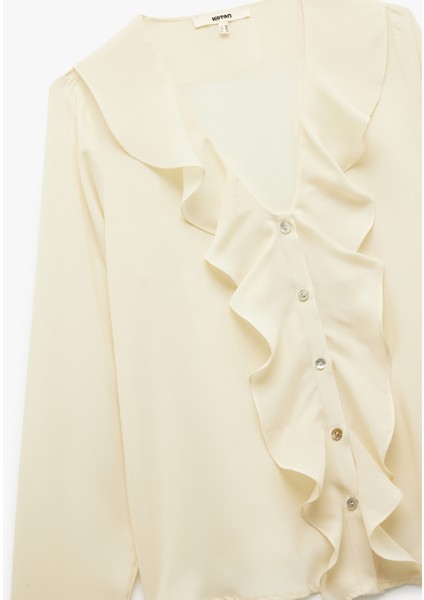 Krep Kumaş Uzun Kollu V Yaka Volümlü Fırfırlı Gömlek modelleri