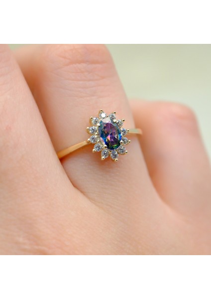 Gümüş Yüzük - 1,05CTALEKSANDRIT 0.30CT Pırlanta(Signty)Taşlı Anturajlı Vintage Tasarım Modern 925 Ayar Gümüş Yüzük