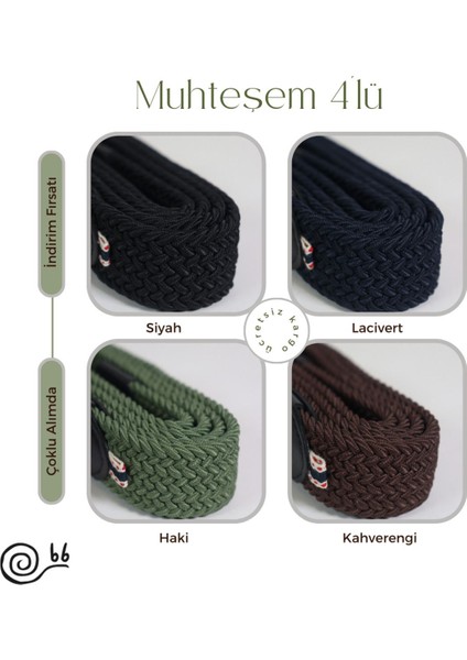 Muhteşem 4'lü Elastik Örgü Unisex Kemer Siyah, Lacivert, Haki ve Kahverengi