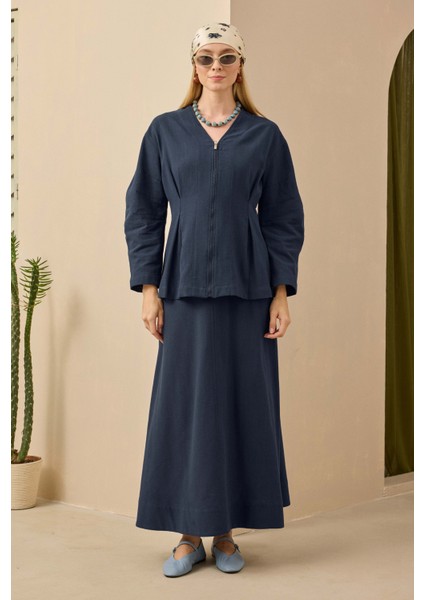 Pamuk Keten Ceket Gece Mavi