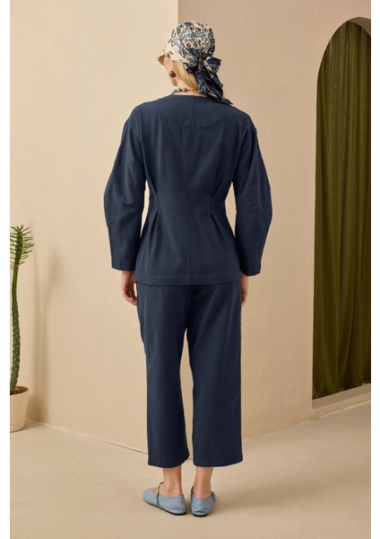 Pamuk Keten Ceket Gece Mavi