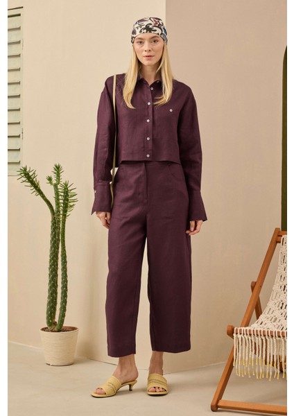 Midi Keten Pantolon Bordo