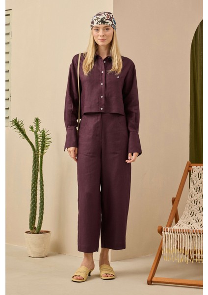 Midi Keten Pantolon Bordo
