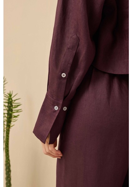 Keten Crop Gömlek Bordo