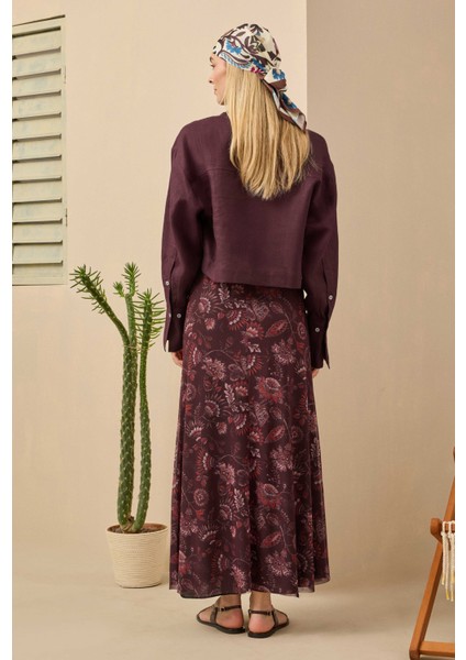 Keten Crop Gömlek Bordo