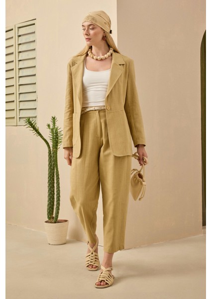 Çift Pileli Keten Pantolon Açık Camel