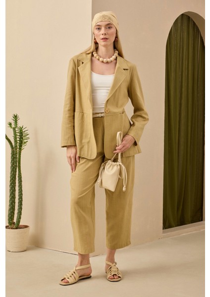 Çift Pileli Keten Pantolon Açık Camel
