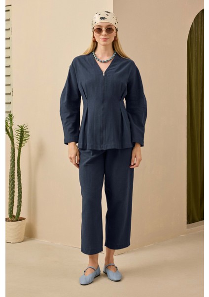 Pamuk Keten Ceket Gece Mavi modelleri