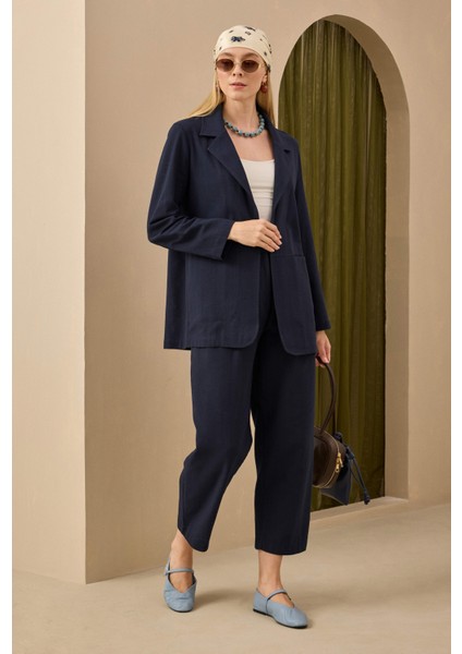 Keten Blazer Ceket Gece Mavi