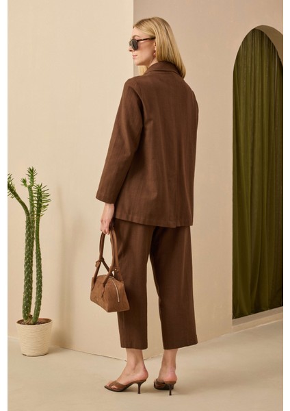 Çift Pileli Keten Pantolon Kahve