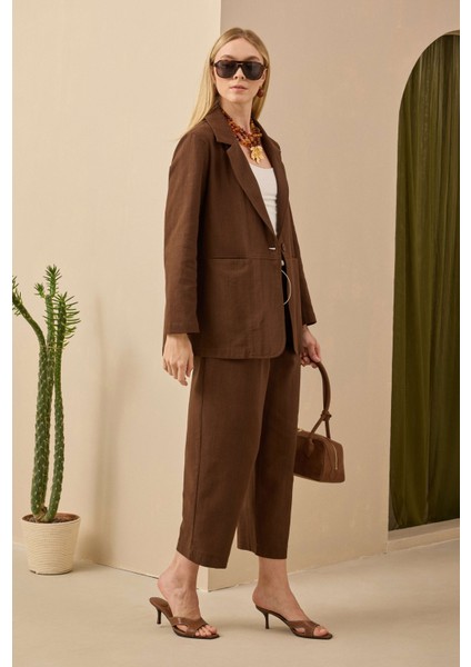 Çift Pileli Keten Pantolon Kahve modelleri