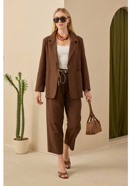 Çift Pileli Keten Pantolon Kahve fırsatları