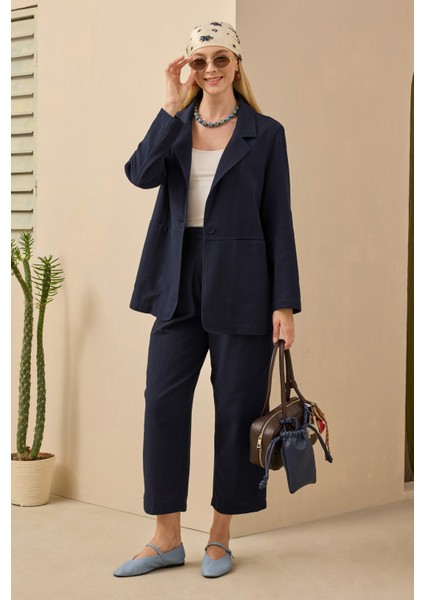 Keten Blazer Ceket Gece Mavi