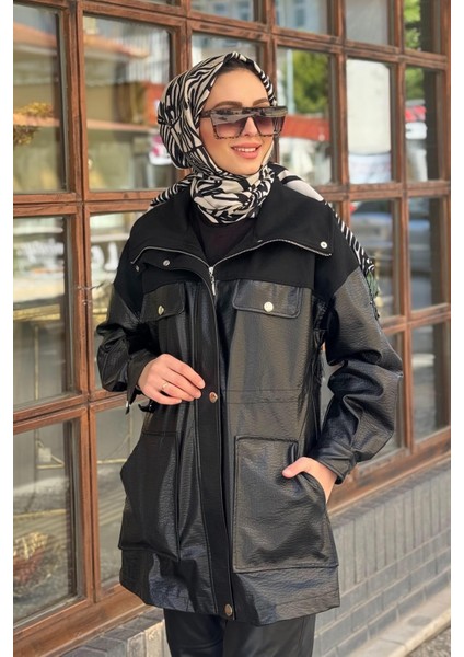 Kaşe Garnili Suni Deri Ceket KA-A24-24004 Siyah