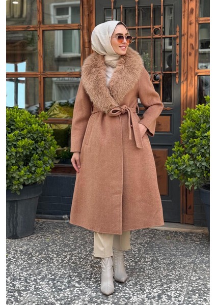 Premium Alpaka Yünlü Balık Sırtı Desenli Kaban KA-A23-17025B Camel