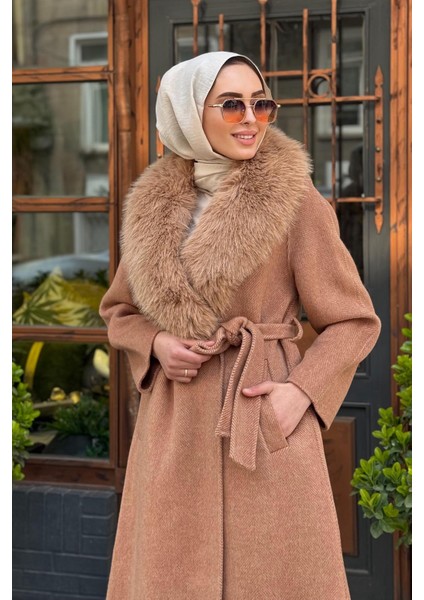 Premium Alpaka Yünlü Balık Sırtı Desenli Kaban KA-A23-17025B Camel modelleri