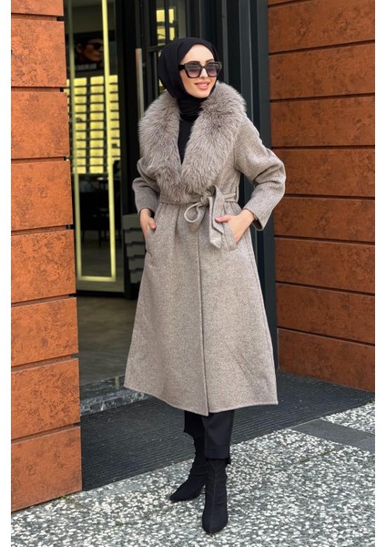 Premium Yün Çıkarılabilir Kürklü Kaban KA-A23-17025A Taş