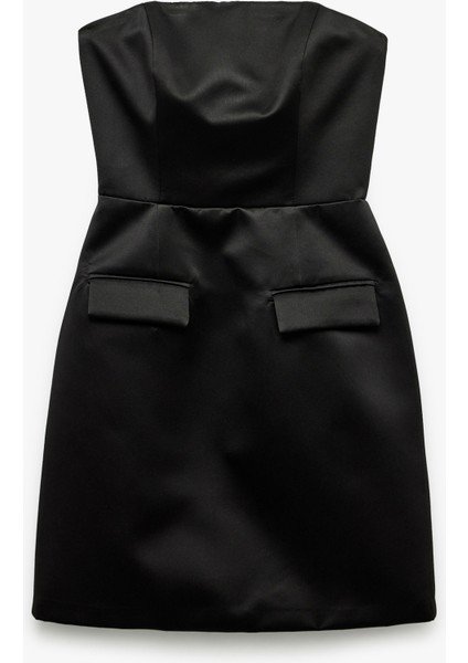 Straplez Yaka Cep Detaylı Saten Bodycon Kolsuz Dar Kesim Mini Abiye Elbise