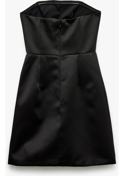 Straplez Yaka Cep Detaylı Saten Bodycon Kolsuz Dar Kesim Mini Abiye Elbise fiyatları