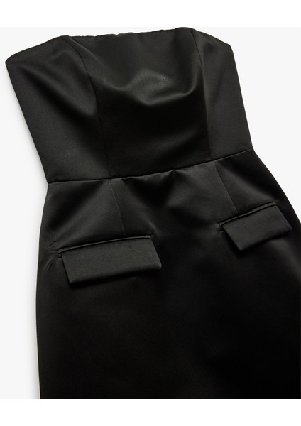 Straplez Yaka Cep Detaylı Saten Bodycon Kolsuz Dar Kesim Mini Abiye Elbise modelleri