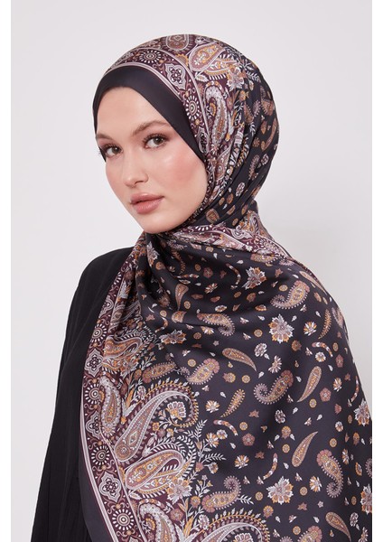 Siyah-Kahve Karma Çiçek Hint Ipeği Şal