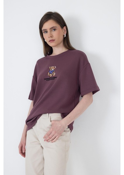 Gül Kurusu Ayıcık Baskılı Bisiklet Yaka Oversize Tişört 5530