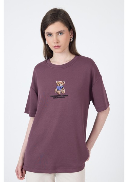 Gül Kurusu Ayıcık Baskılı Bisiklet Yaka Oversize Tişört 5530 fiyatları