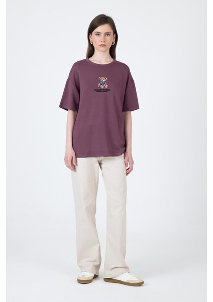 Gül Kurusu Ayıcık Baskılı Bisiklet Yaka Oversize Tişört 5530 modelleri