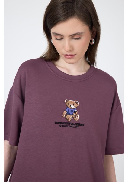 Gül Kurusu Ayıcık Baskılı Bisiklet Yaka Oversize Tişört 5530 fırsatları