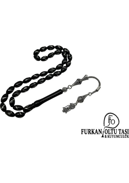 Nurullah Ateş Usta Imzalı Hakiki Erzurum Oltu Taşı Gümüş Işlemeli Gümüş Püsküllü Tesbih