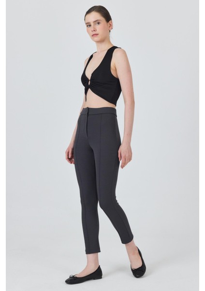 Füme Yüksek Bel Nervür Dikiş Detaylı Tayt Pantolon 6875A