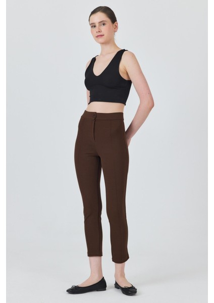 Kahve Yüksek Bel Nervür Dikiş Detaylı Tayt Pantolon 6875A