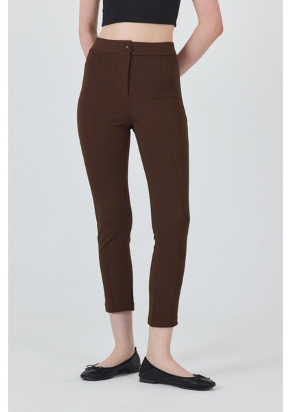 Kahve Yüksek Bel Nervür Dikiş Detaylı Tayt Pantolon 6875A modelleri