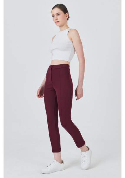 Bordo Yüksek Bel Nervür Dikiş Detaylı Tayt Pantolon 6875A