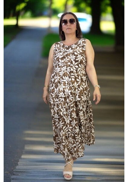 Japone Kol (Kolsuz) 3 Kat Volanlı Çiçek Desenli Ara Boy Büyük Beden Pamuklu Viskon Elbise