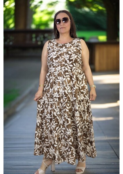 Japone Kol (Kolsuz) 3 Kat Volanlı Çiçek Desenli Ara Boy Büyük Beden Pamuklu Viskon Elbise modelleri