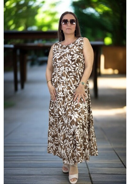 Japone Kol (Kolsuz) 3 Kat Volanlı Çiçek Desenli Ara Boy Büyük Beden Pamuklu Viskon Elbise fırsatları