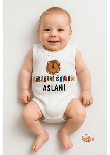 Babaannesinin Aslanı Yazılı Pamuklu Ribana Çıtçıtlı Zıbın Body 6-36 Ay Unisex Bebek Tulum