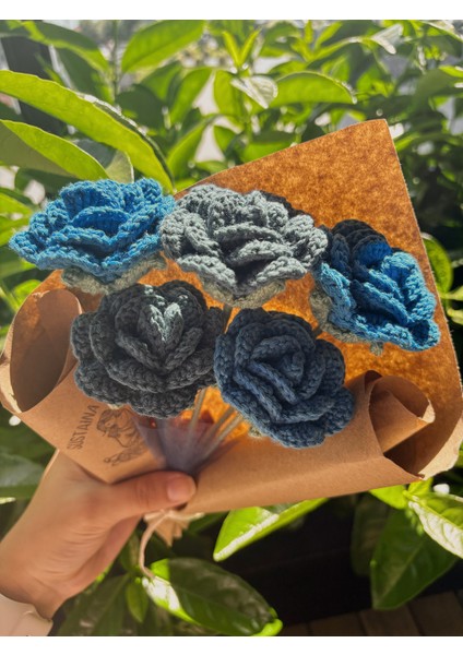 El Yapımı Amigurumi Mavi Gül Buketi – 5’li fırsatları