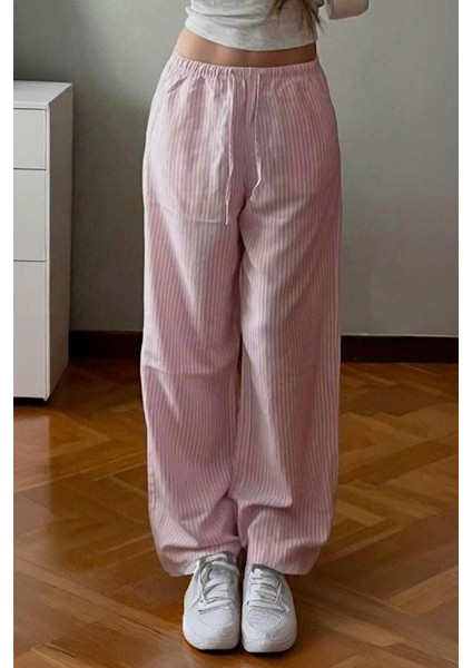 Pembe Çizgili Beli Lastikli Harajuku Eşofman