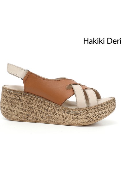 Kadın Beje Taba Cırt Bantlı Dolgu Topuk Hakiki Deri Sandalet