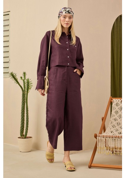 Midi Keten Pantolon Bordo