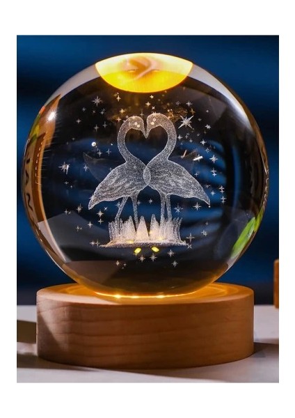 Ahşap Tabanlı LED Işıklı Flamingo Figürlü Kristal Küre
