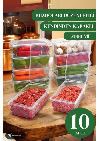 10 Adet 2 Lt. Kendinden Kapaklı Derin Dondurucuya Uygun Buzluk Saklama Kabı Düzenleyici (2000 Ml)
