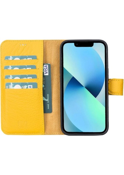 Apple iPhone 13 Pro Uyumlu Deri Cüzdanlı Kılıf Limon Sarı